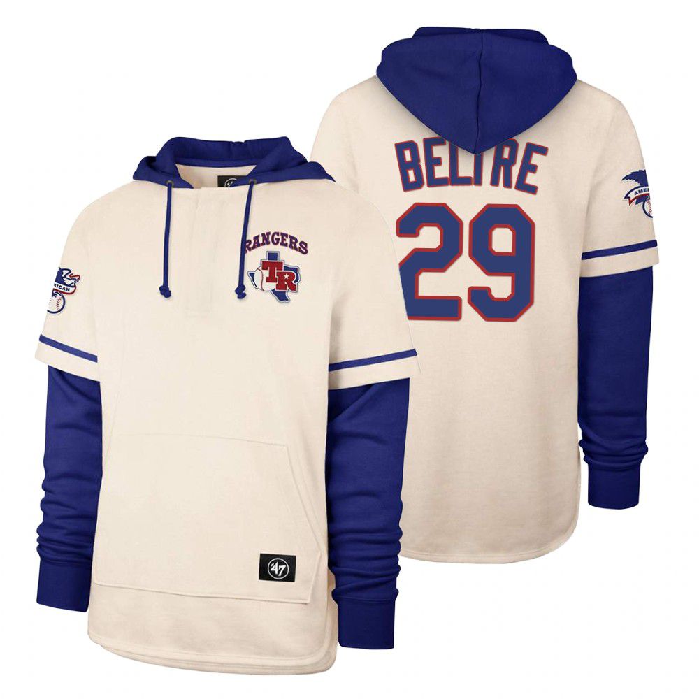 Men Texas Rangers #29 Belire Cream 2021 Pullover Hoodie MLB Jersey